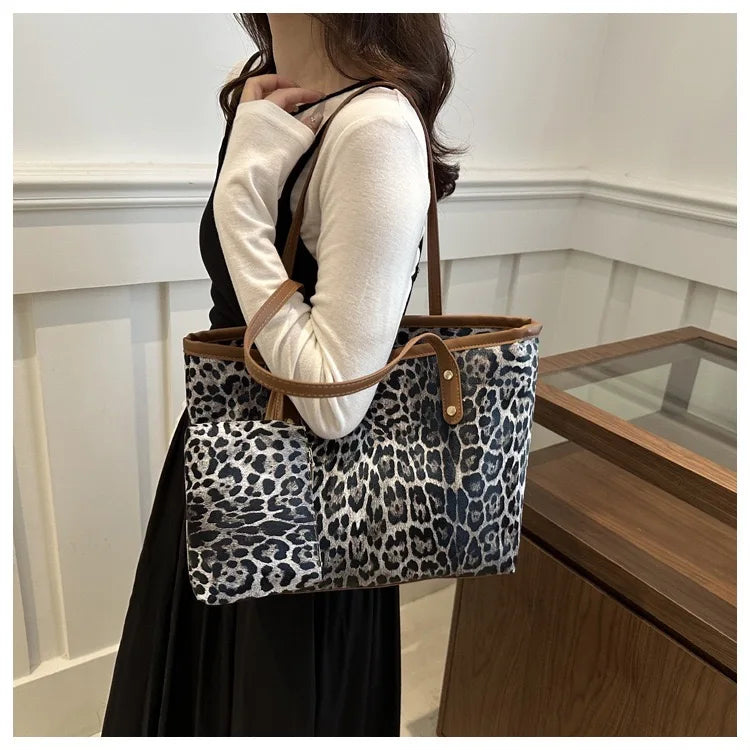 Leopard Print Tote Bag - Women's PU Leather Large Capacity Casual Travel Purse