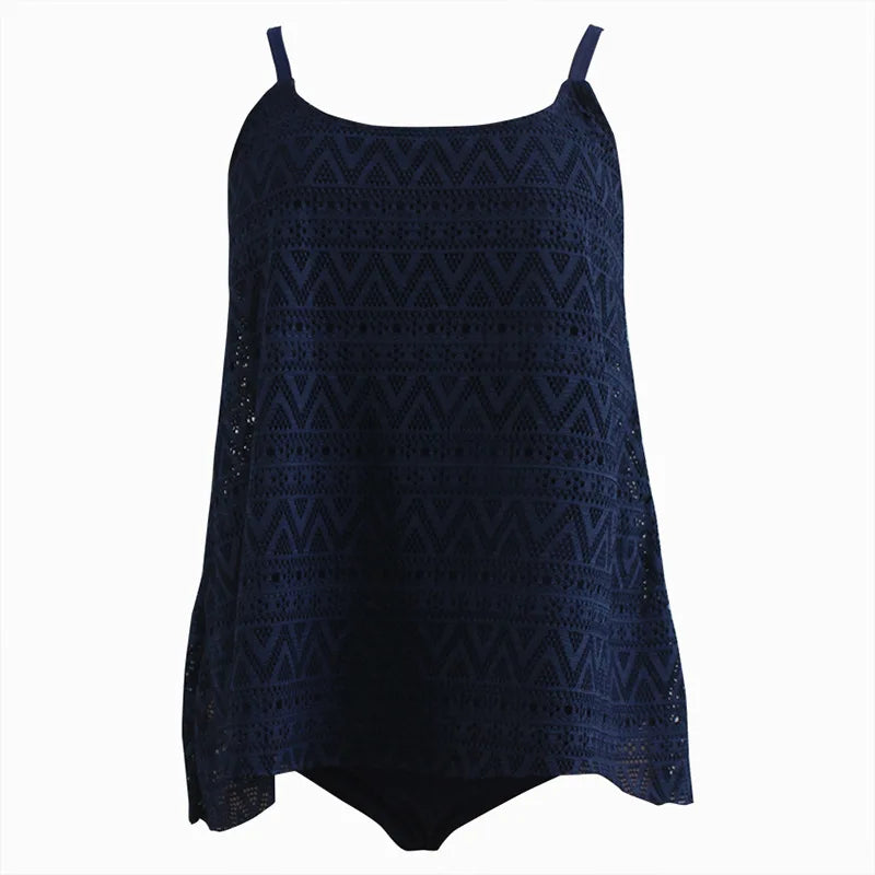 Plus Size Swimwear Women Black Tankini Tummy Control Swimwear Tank Top Retro Solid Swimsuit with Shorts Two Piece Bathing Suit