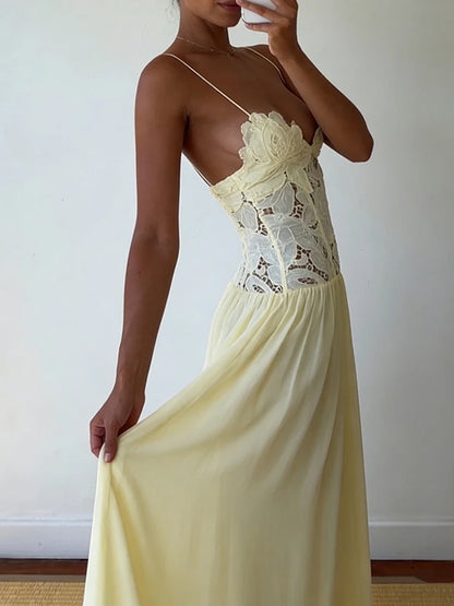 Spring Summer Holiday Chic Hollow Out Dress, Women Casual Lace Patchwork Sleeveless Party Dress, Elegant V Neck Ladies Dresses