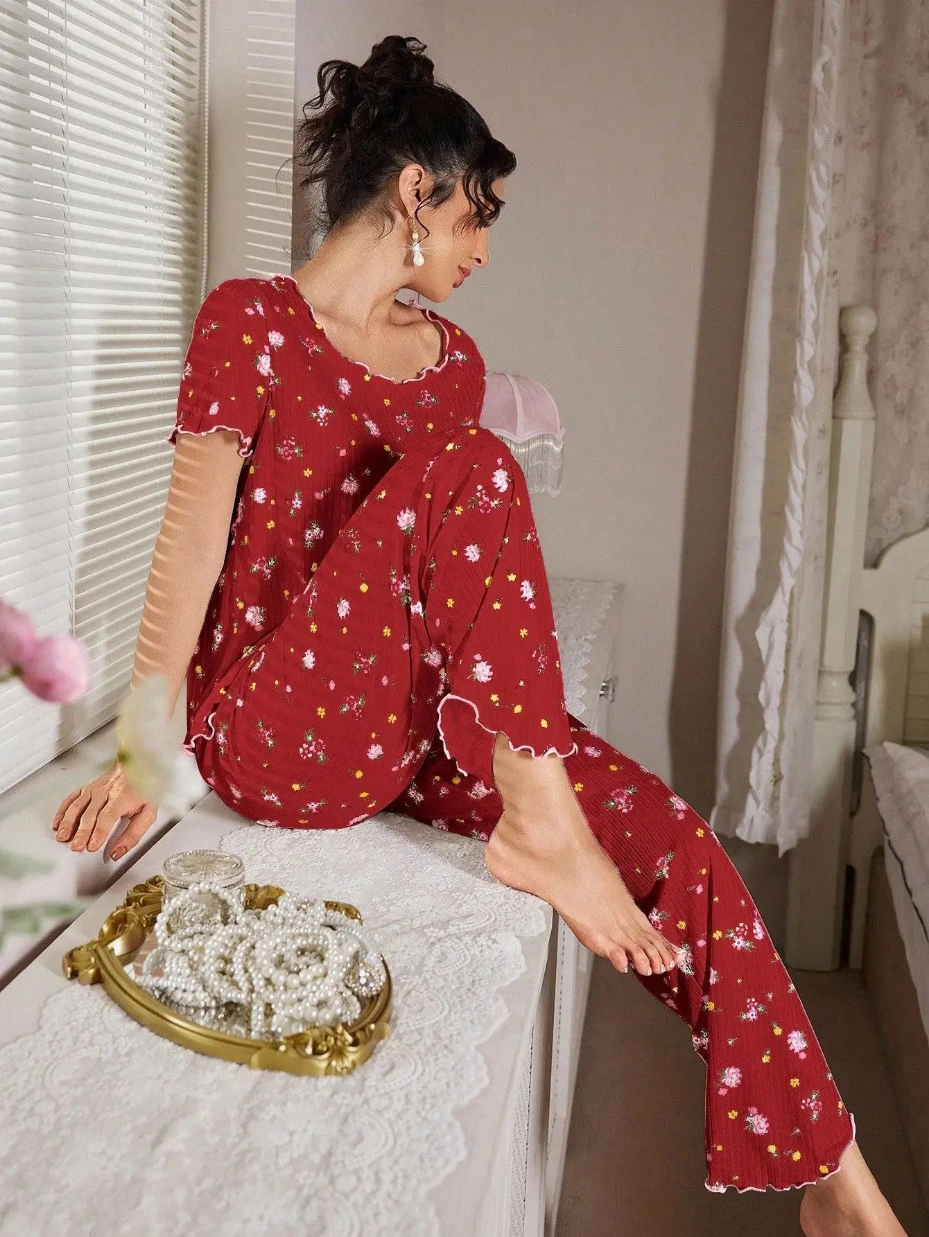 New European and American style loose-fitting women's pajamas, floral short-sleeved long pants home wear, casual two-piece set s