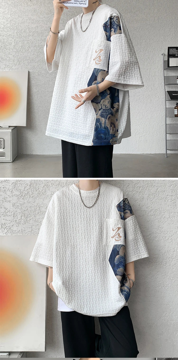 Patchwork Contrast Color T Shirt Men Summer Fashion Top Tees Unisex Harajuku T-shirt Male Half Sleeve TShirts Blue White Black