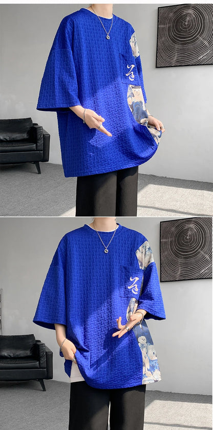 Patchwork Contrast Color T Shirt Men Summer Fashion Top Tees Unisex Harajuku T-shirt Male Half Sleeve TShirts Blue White Black