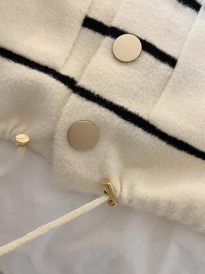 Loose Women's Knitted Cardigan Coat with Big Pockets Striped Splicing Drawstring Hem Single Buttoned Open Front Sweater