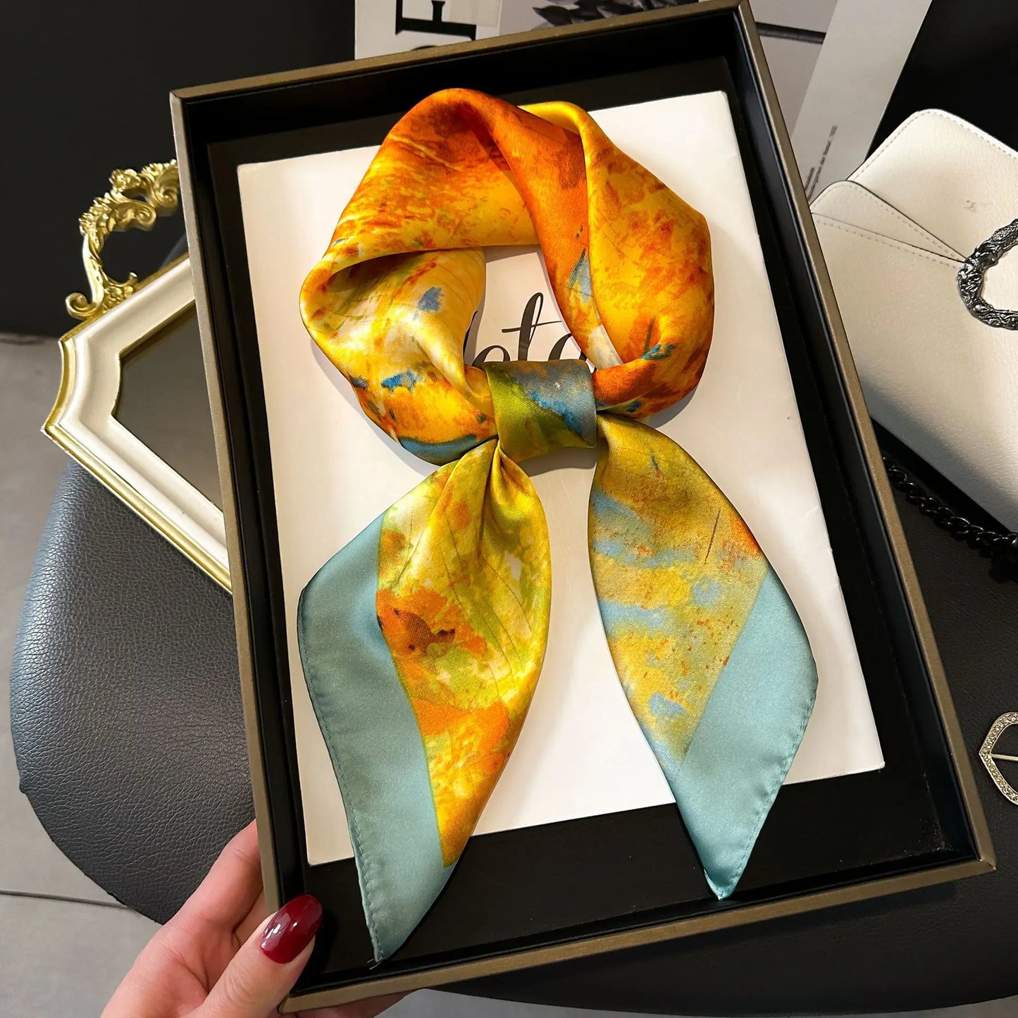 Luxury Silk Scarf - Chain Print Thin Neck Scarf for Women 70x70cm