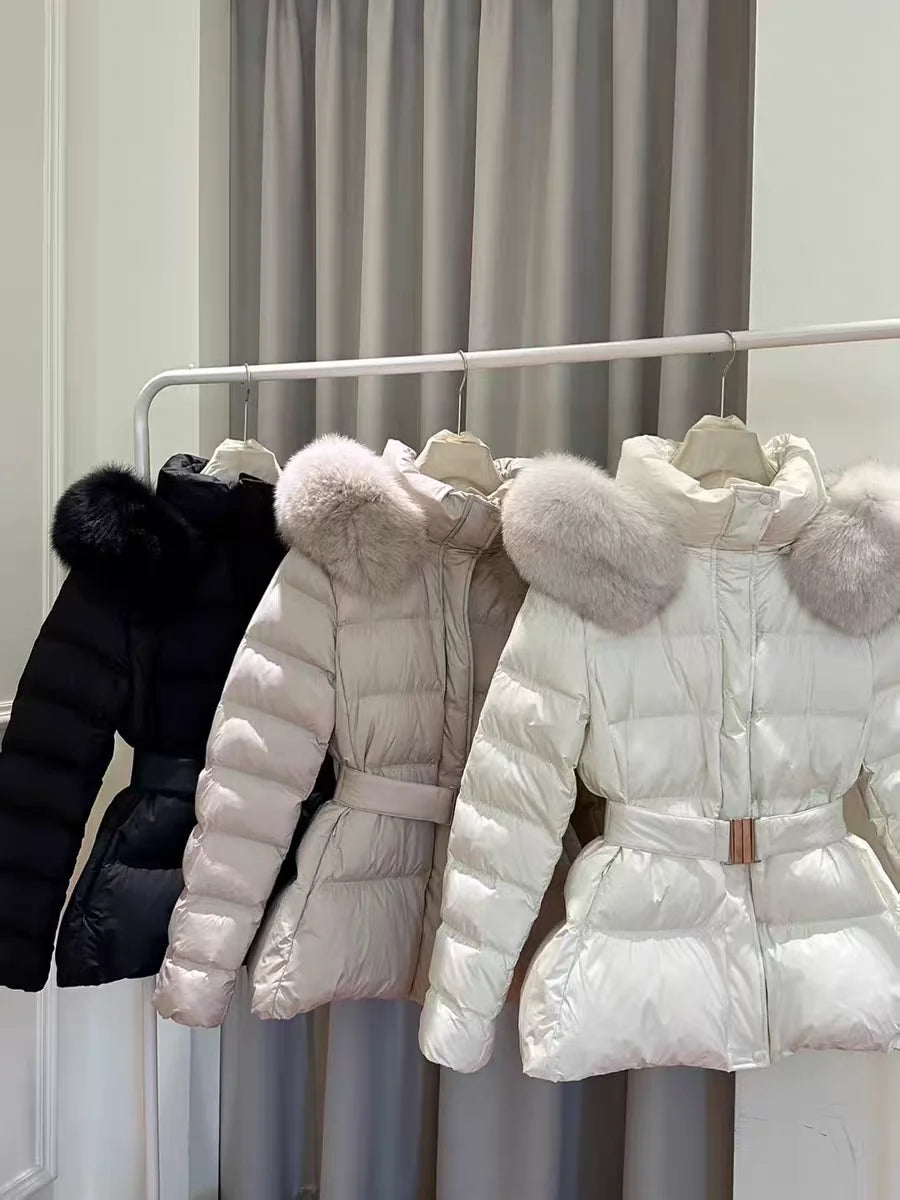 Korean New Winter Slim Waist Fitted Plus Size Thick Down Cotton Parkas Women Big Fur Collar Warm Coat Fashion Trendy Warm