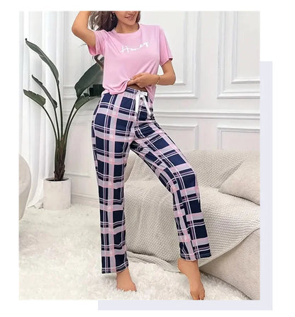 Women's Pajamas Set Casual Home Clothes Soft Comfortable Crew Neck T-Shirt & Plaid Pants Sleepwear Piece Loungewear Pyjama Femme