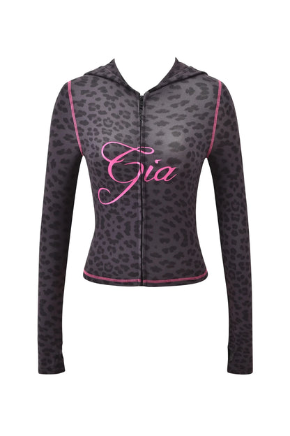 Gia neon pink regular shoulder slim-fit letter print topstitching design slim-fit hooded zip-up short jacket and pants set