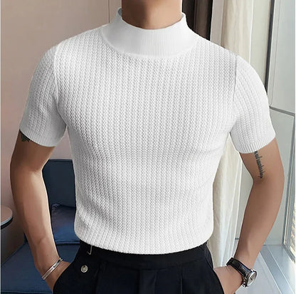 Men's High Neck T-Shirt – Casual Summer Knitted Base Tee | Breathable Polyester Top