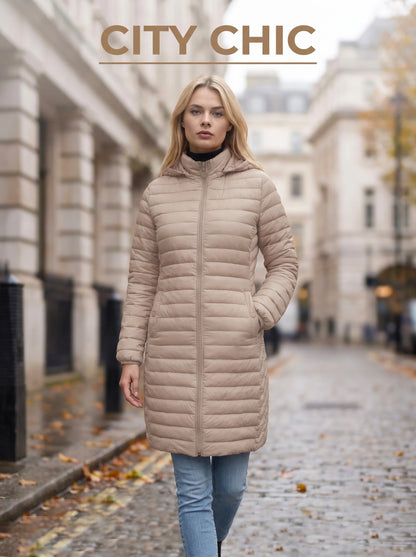 Ultralight Packable Puffer Coat for Women Long Warm Loose Solid Outwear with Detachable Hood