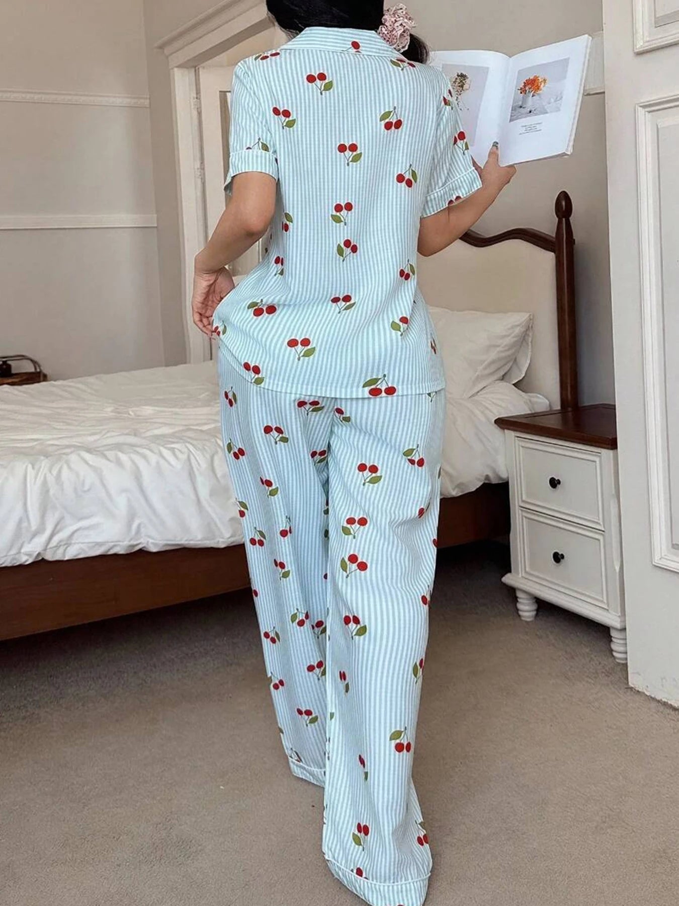 Spring Summer Autumn Winter Women's 2-piece Sweet Striped Cherry Patterned Flowered Shirt Short Sleeve Pants Homewear Sleeping S