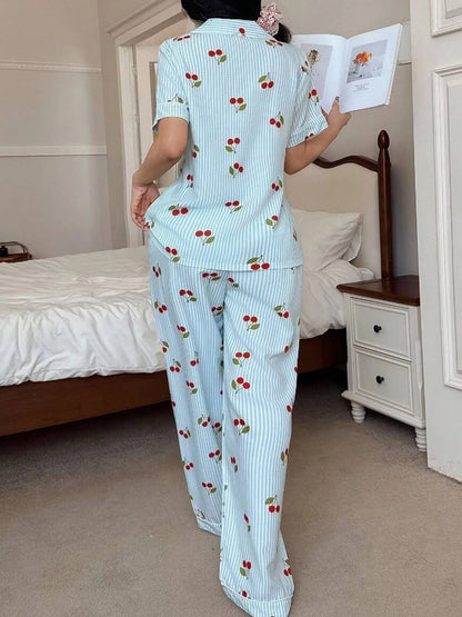 Spring Summer Autumn Winter Women's 2-piece Sweet Striped Cherry Patterned Flowered Shirt Short Sleeve Pants Homewear Sleeping S