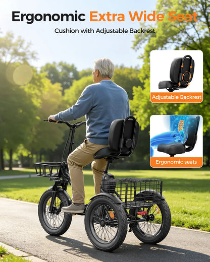 Spacewalk 1200W Peak Electric Trike for Adults, 48V 15Ah Battery 3 Wheel Electric Bike with 60 Miles Range, 18×3.0 Fat Tires, Dual Disc Brakes, Rear Cargo Basket, Adjustable Comfort Seat, Folding E Tricycle for Seniors-Black
