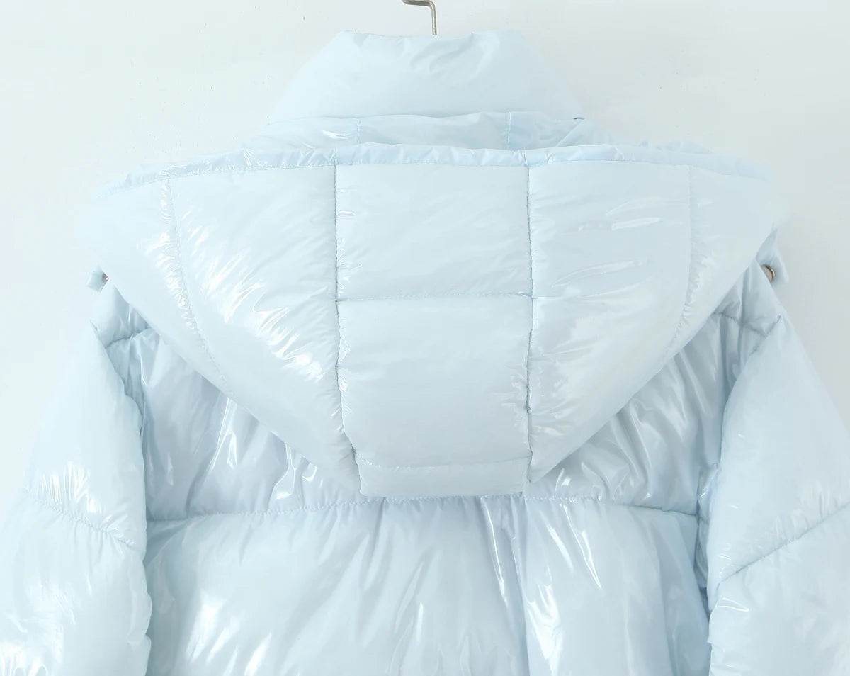 New Winter Fashion Women Bright Light Blue Zipper Up Bread Parka Coat Woman Stand Collar Removable Hooded Long Sleeve Outerwear