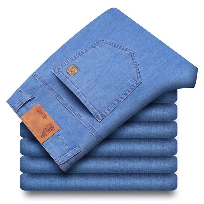 Light blue classic business jeans, fashionable breathable denim elastic pants, black blue men's straight leg jeans, sizes 28-40