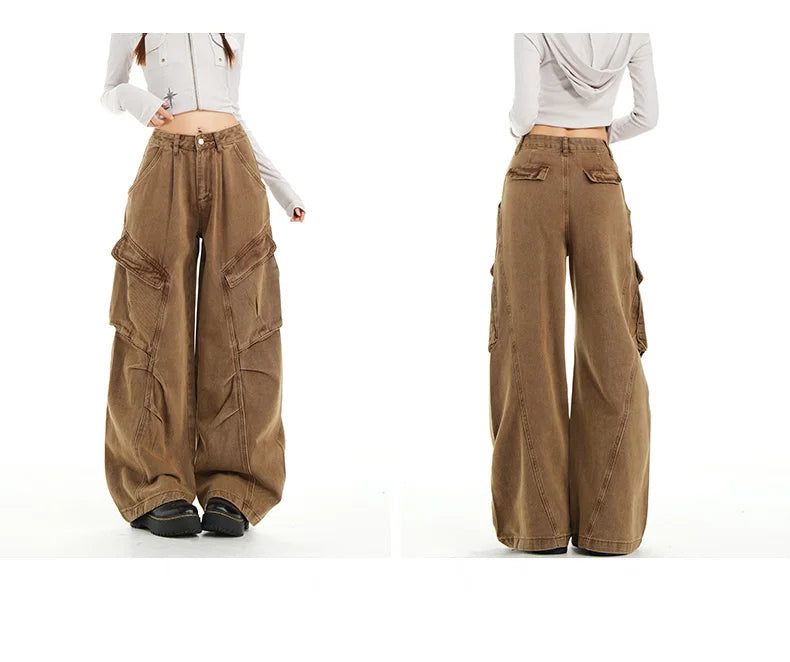 Retro Casual High Waisted Baggy Cargo Jeans Women Washed Distressed Wide Leg Pants Brown Denim Y2K Streetwear Vintage Trousers