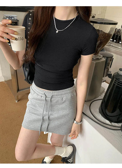 Basic Solid Crop Top Short Sleeve Crewneck Skinny T-shirt Summer Casual Tee for Women Y2K Vintage Top Harajuku Streetwear
