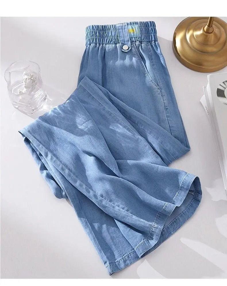 Spring Summer Ice Silk Wide Leg Jeans Loose Casual Pants Thin Lightweight Women's plus Size Elastic Waist Drapey Loose Fit