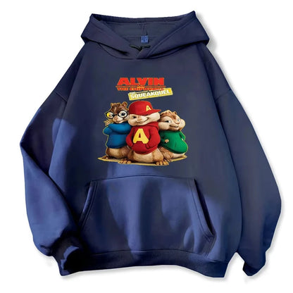 Soft Comfortable Cartoon Hoodie Alvin and The Chipmunks Green Red Navy Blue Long Sleeve Hoody Sweatshirts Movie Promo Animation