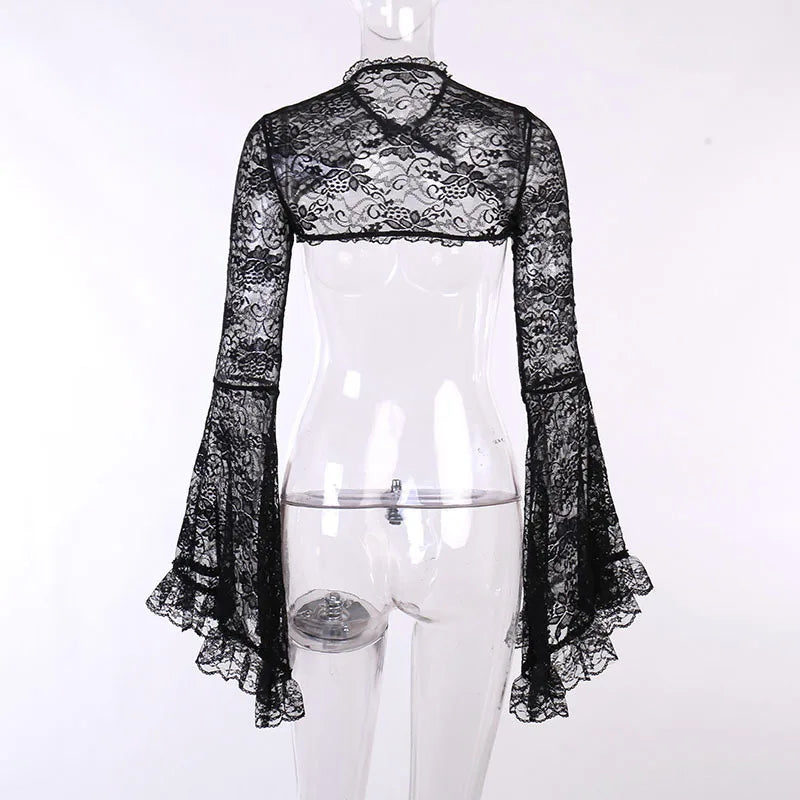 Lace Mall Gothic See Through Shrug Tops Grunge Aesthetic Black Flare Sleeve Crop Top Women Vintage Punk Sexy Clothing