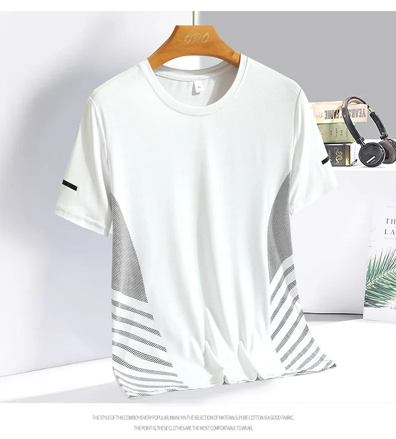Running T-shirt Men Summer Ice Silk Thin Top Reflective Printing Quick Dry Short Sleeve Breathable Fitness Sports T-shirt 5XL