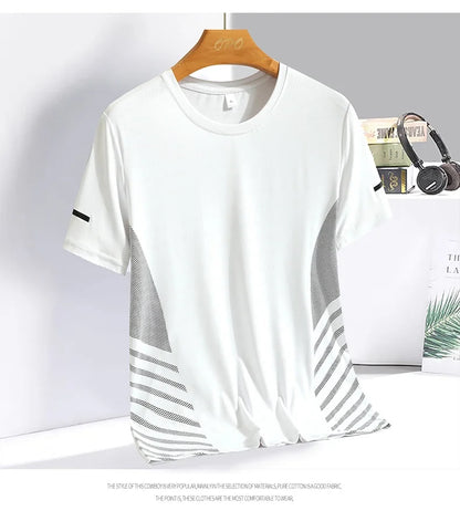 Running T-shirt Men Summer Ice Silk Thin Top Reflective Printing Quick Dry Short Sleeve Breathable Fitness Sports T-shirt 5XL