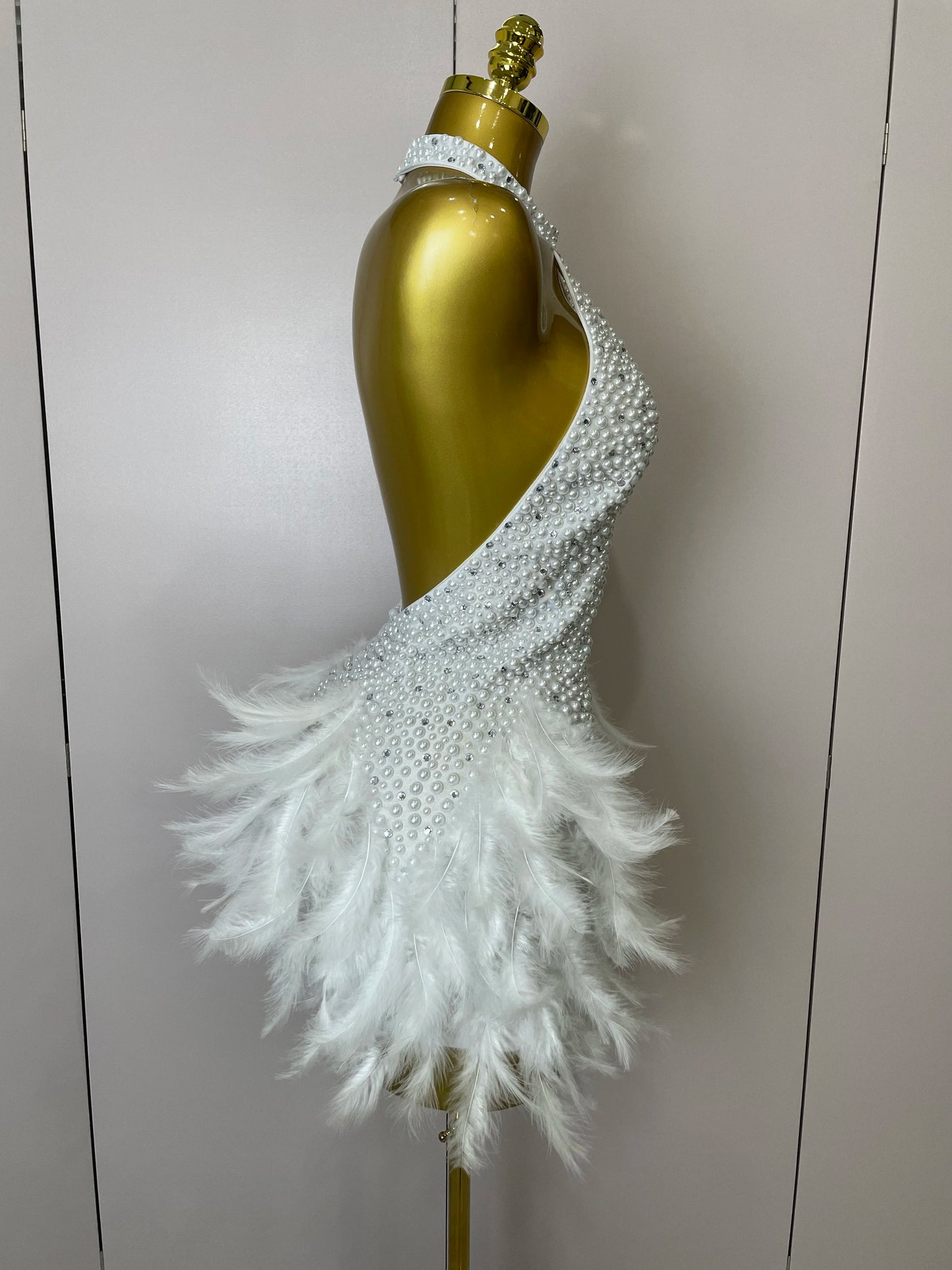 Backless Halter Dress - Women's Party Mini Sheath With Rhinestone & Feather Details