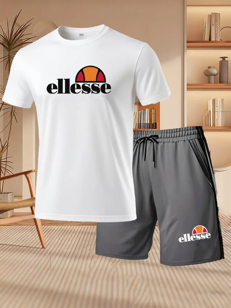 2026 Summer New Men's Fashion Outdoor Sports Set Printed Short Sleeve T-shirt+Shorts Loose Home Leisure Two Piece Set