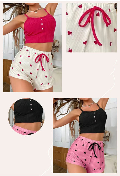  New Ribbed Blue Pajama Set Women's Heart Print Cami Top and Shorts Soft Comfortable Loungewear Cute Trendy Fashion Hot Sale