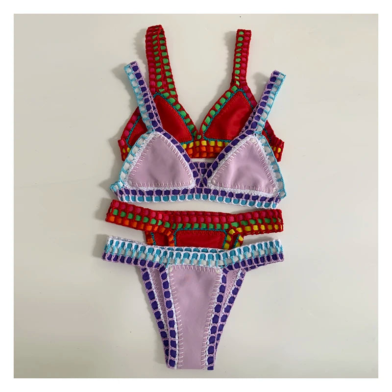 Handmade Crochet Bikini - Women's Two Piece Swimwear, Elastic Triangle Top & Low-Rise Bottoms