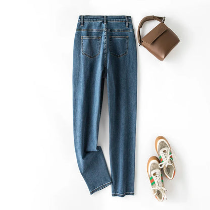 Plus Size Women Jeans Autumn Dark Blue 175cm Tall Stretchy and Loose Washing Straight 6XL 100Kgs Curve Lady Thin Lady Denim Pant