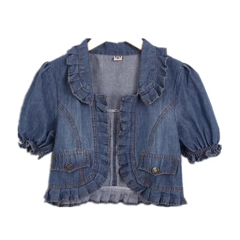 Vintage Blue Denim Jackets Short Sleeve Slim Fit Summer Women Jacket Coats Cute Petter Pan Collar Ruffled Sweet Women Japanese