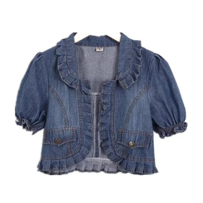Vintage Blue Denim Jackets Short Sleeve Slim Fit Summer Women Jacket Coats Cute Petter Pan Collar Ruffled Sweet Women Japanese