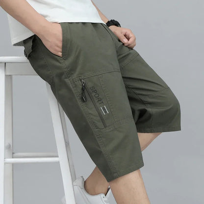 Mens Cargo Shorts - Knee Length Cotton Shorts With Zipper Pockets & Elastic Waist