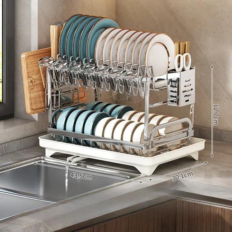 Stainless Steel 2 Tier Dish Rack Adjustable Countertop Organizer Bowl Drainer Multifunctional Kitchen Utensil Storage Holder Hom