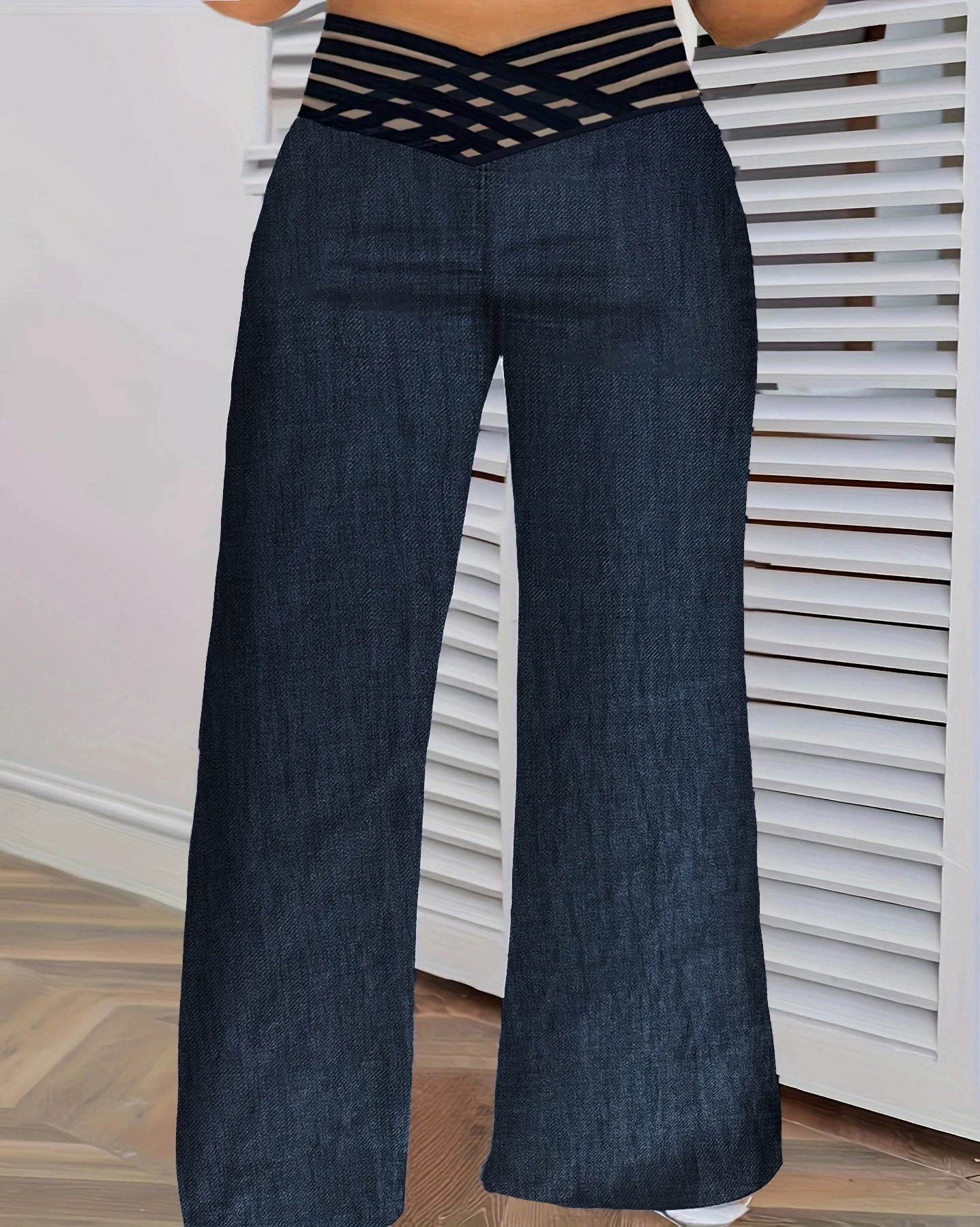 Plus Size Women's Jeans High Waist Crisscross Mesh Wide Leg Denim Bottoms Casual Spring Summer Stretchy Bottoms
