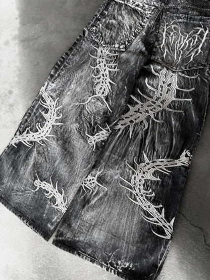 Y2K New Retro Centipede Embroidery Pattern Washed Oversized Wide-Leg Pants Street Gothic Harajuku Floor Pants For Men and Women