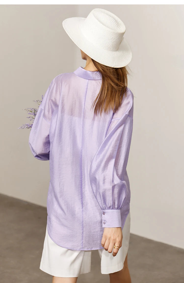 AMII Minimalist Blouse for Women 2023 Autumn Lantern Sleeve V-Neck Slightly Transparent Elegant Commuter Clothing Tops 72341030