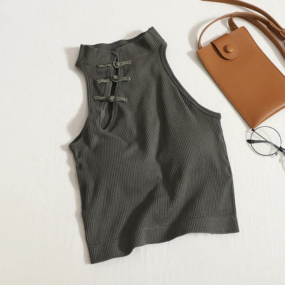 ITOOLIN Women Vintage Chinese Button Tank Tops With Bra Pad Halter Tops O-Neck Elegant Crop Tops Off Shoulder Tops For Women