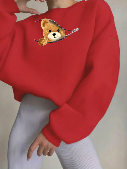 Women's Autumn and Winter Loose Casual Cartoon Zipper Bear Pattern Printed Velvet Long-Sleeved Round Neck Sweatshirt Pullover