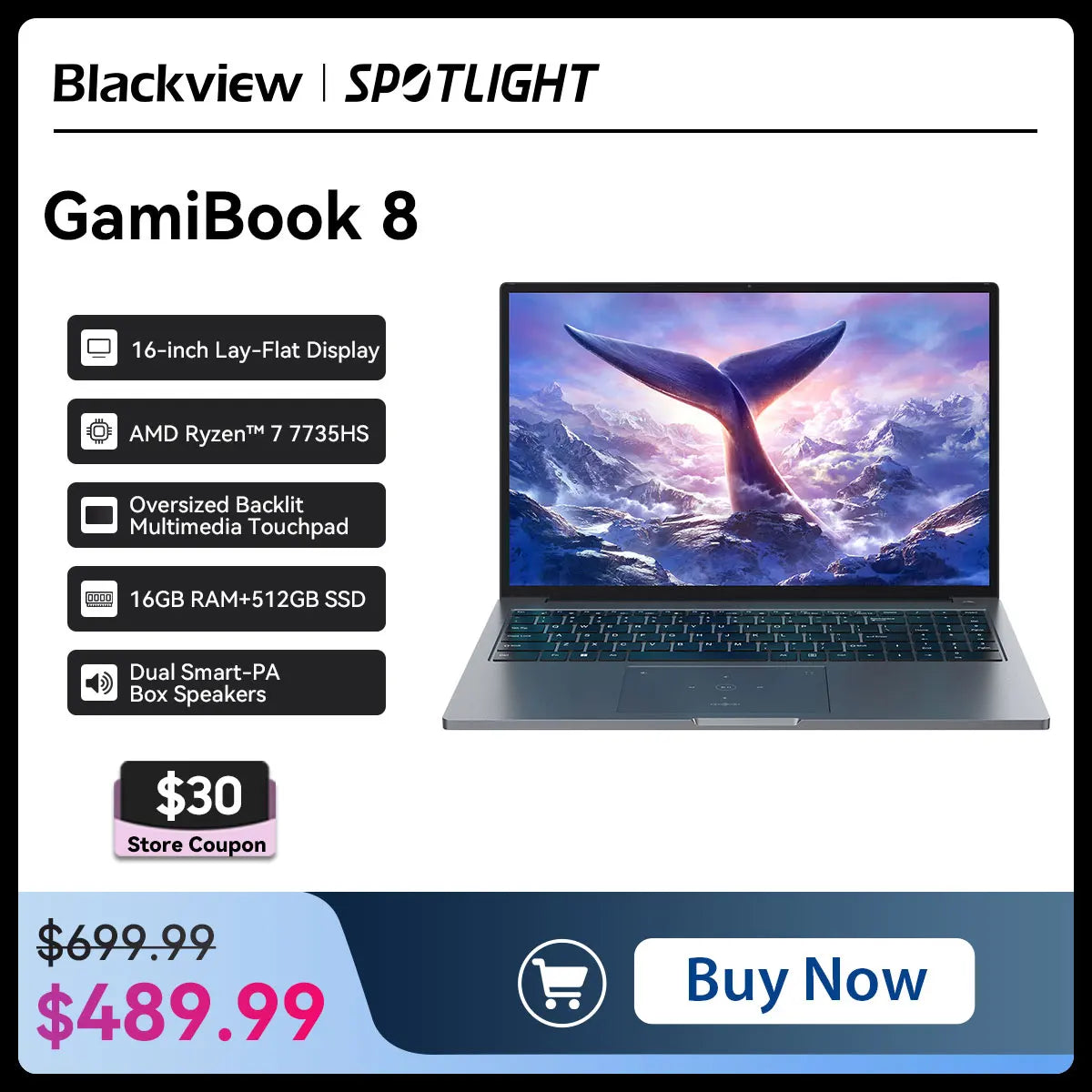 Blackview GamiBook 8 16 Inch Laptop - AMD Ryzen 7, 1920x1200 Display, Fast Charge Battery
