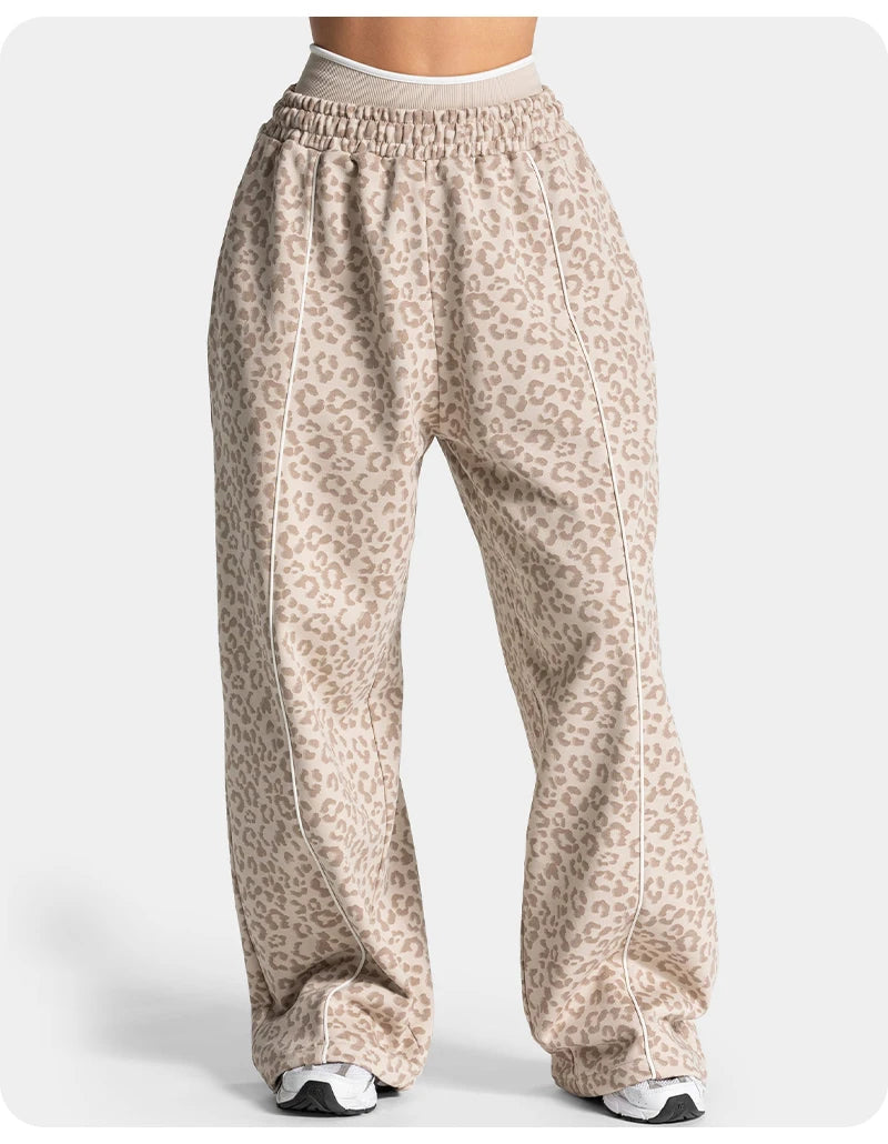Women High Elastic Leopard Print Yoga Pants Loose Wide Leg Fitness Workout Pants Butt Lifting Slim Casual Sports Trousers