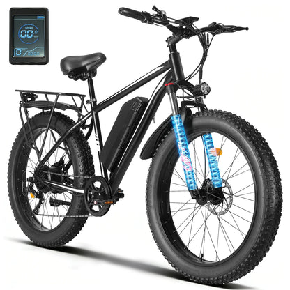 Black Electric Bicycle 1500W Powerful Motor 48V 15AH Lithium Battery Motorcycle Electric Bike 26*4 in Fat Tire Snow E-bike