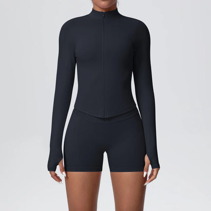 Women Gym Set - Seamless Yoga Suit With Zip Shirt & Cycling Shorts Activewear