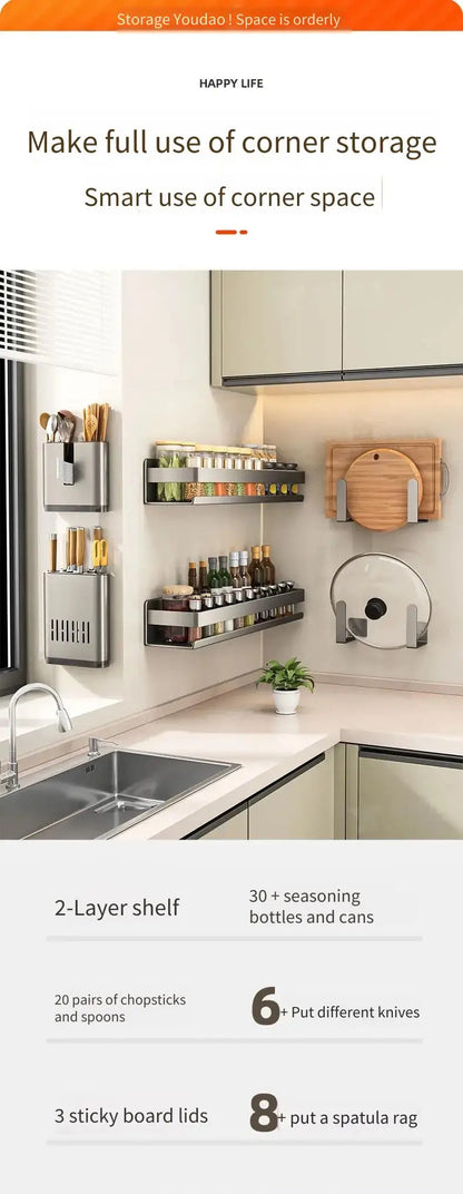 Multifunctional Wall-Mounted Spice Rack Kitchen Condiment Storage Shelf Holds Seasonings Tools Essential Kitchen Organizer Shelf