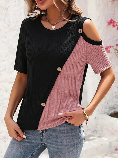Plus Size T-Shirt - Women's Casual Tee With Button Detail | Loose Fit Patchwork