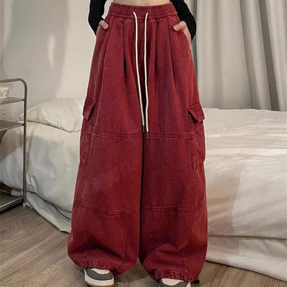 Cargo Pants Women Solid Color Japanese Loose Thin Straight Wide-leg High Waist Trousers High Street Basics Casual Pants Female