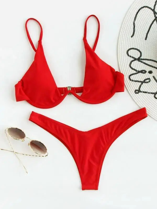 2026 Summer New Two Piece Women's Solid Color Sexy Bareback Bikini Split Swimsuit Bikini Set High Waist Beach Vacation