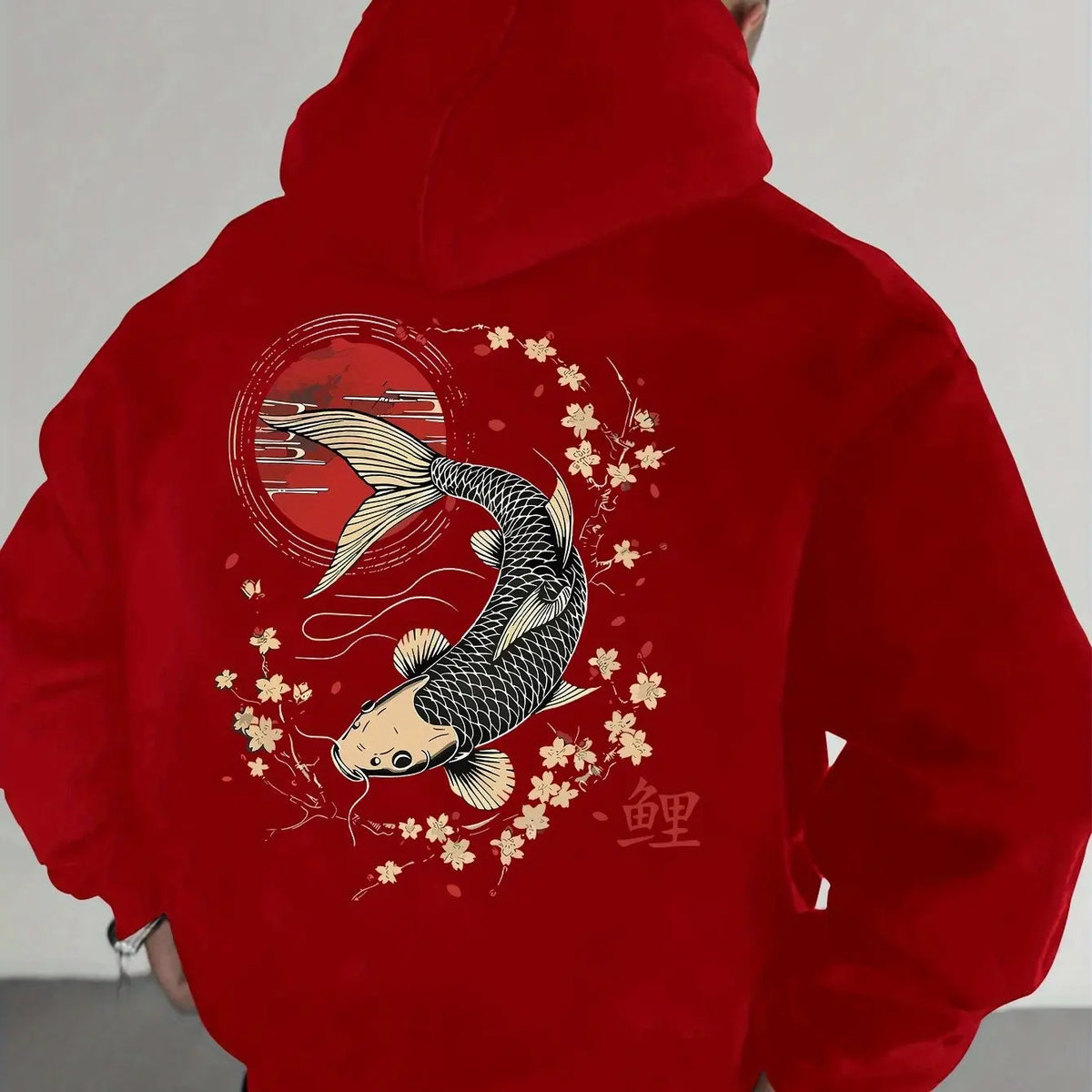Men's Pullover Hoodie with Japanese Koi, Cherry Blossom and Chinese Character (koi) Design, Loose-fitting Casual Sweatshirt.