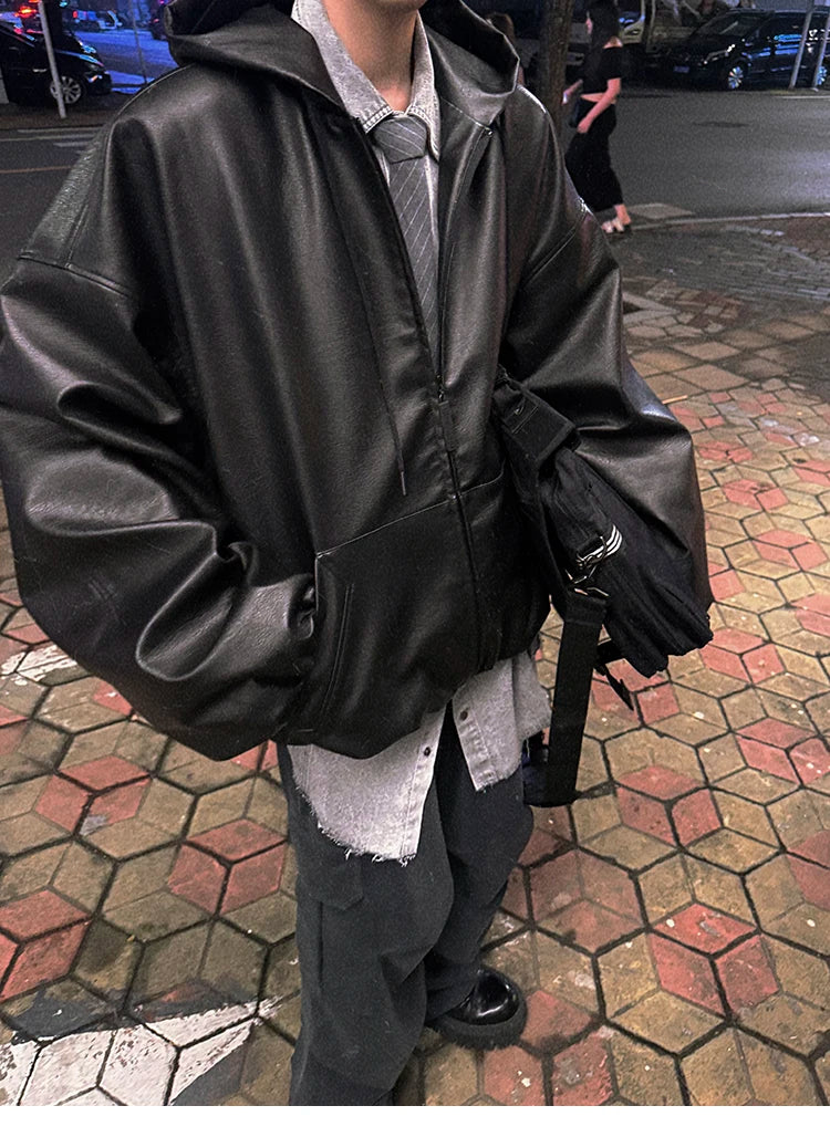 Mauroicardi Spring Autumn Short Oversized Black Soft Pu Leather Jacket Men with Hood Zipper Loose Casual Korean Fashion Clothes