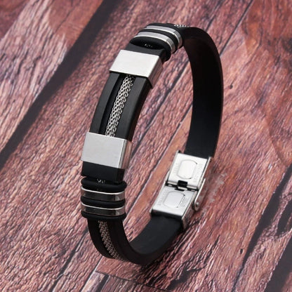 HNSP Stainless Steel Silicone Leather Bracelet For Men Cable Line Hand Chain Punk Jewelry Accessories Male Gift